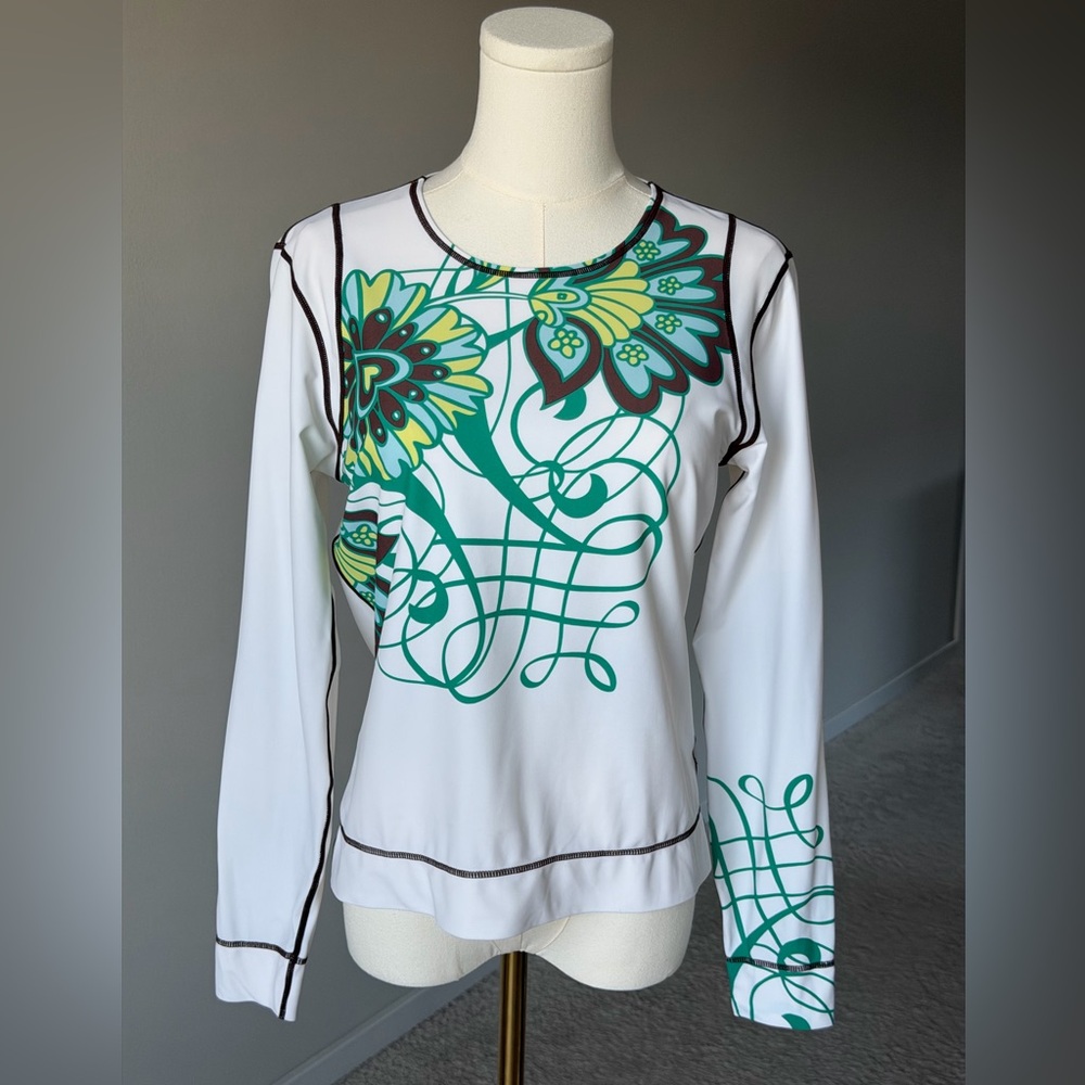 Athleta White and Teal Floral Long Sleeve Serf Swim Beachy Vibe Top-M